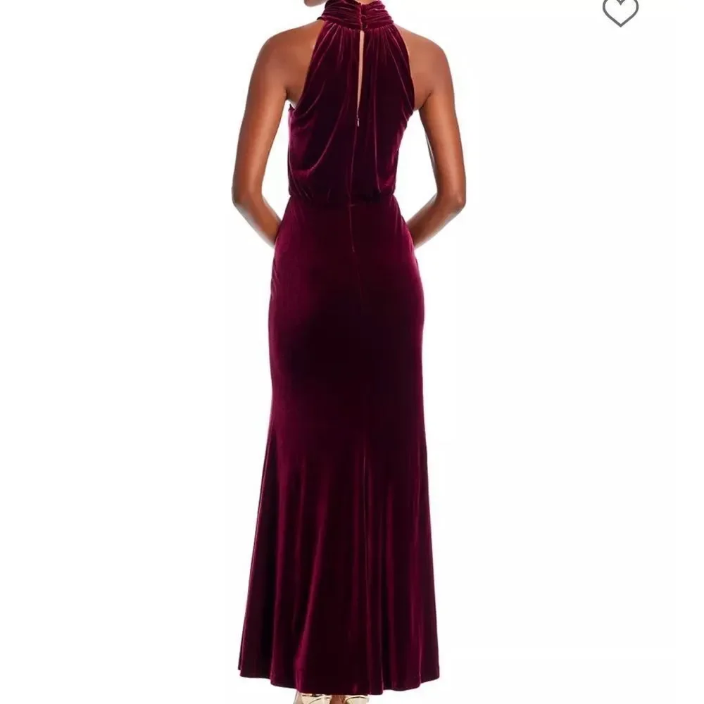 Eliza J. Luxurious Mock Neck Strapless Velvet Blouson Gown in Deep Wine Size 10